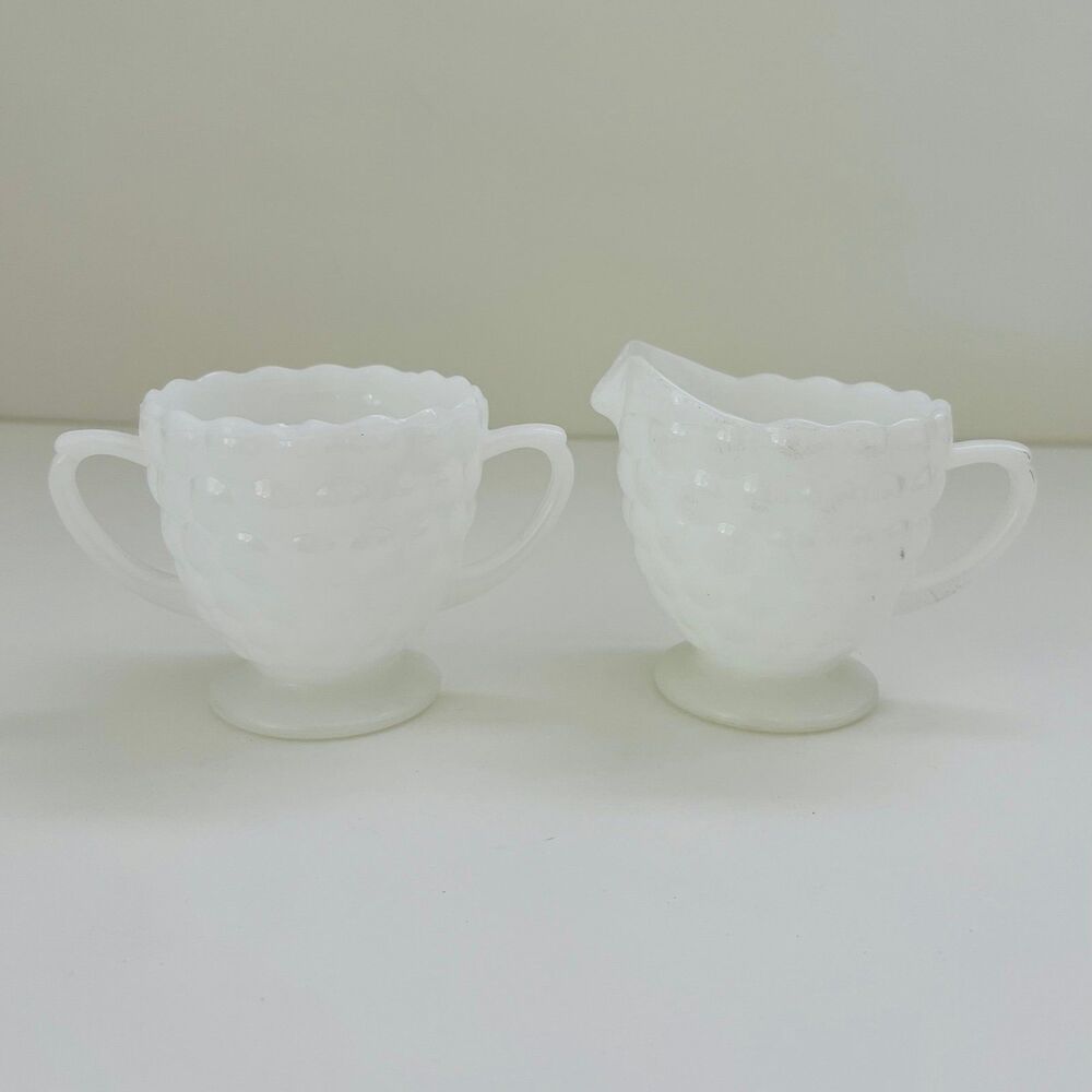 ANCHOR HOCKING Raised Bubble Dot Milk Glass Footed Creamer & Sugar Set